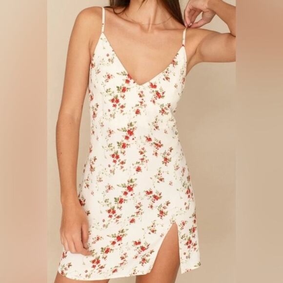 Reformation Marlowe Cream Red Floral Slip Mini Dress - Picture 3 of 6